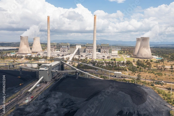 Obraz Aerial view of piles of coal and the Bayswater coal-fired power station near Muswellbrook in the Hunter Valley, NSW, Australia