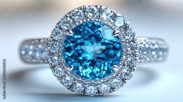 Obraz Bright aquamarine ring surrounded by diamonds, glittering with blue and white reflections
