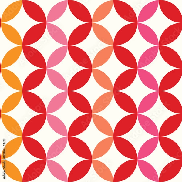 Obraz Mid Century Geometric Circles seamless pattern in red, pink, orange and coral on white background. For wallpaper, home décor and fabric