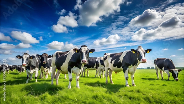 Fototapeta a herd of cows in a field with a sky in the background