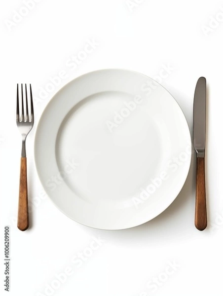 Fototapeta Top view of empty white ceramic plate with knife and fork isolated on white background. Generative ai
