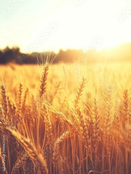 Fototapeta A detailed close-up panoramic view of golden wheat fields gently swaying in the breeze under a clear azure sky during a vibrant sunset. Warm sunlight casts a golden glow over the landscape.