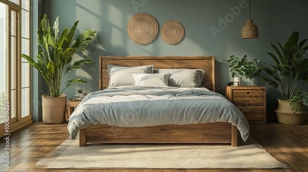 Obraz A bedroom with a large bed, a nightstand, and a plant