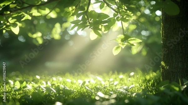 Fototapeta Sunlit Forest Glade, a serene clearing in the woods, dappled light filtering through leaves, inviting tranquility and a sense of open space amidst nature's embrace.