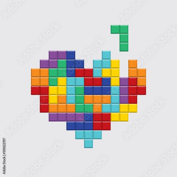 Fototapeta Valentines day card. Video game pixel colorful heart. Retro vintage design. Editable vector. 