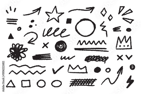 Fototapeta Collection of hand drawn simple decorative elements. Doodle shapes and squiggles in grunge style.