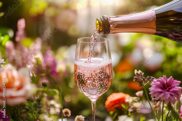 Fototapeta A glass of sparkling rose pink wine is being poured in a vibrant flower garden.