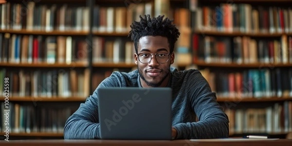 Fototapeta Smiling Student Using Laptop for Online Learning in a Bright Library