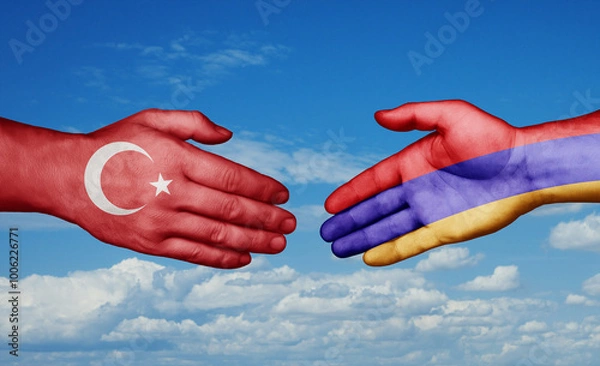 Obraz Armenia and Turkey country handshaking with flags, consensus concept international co-operation illustration