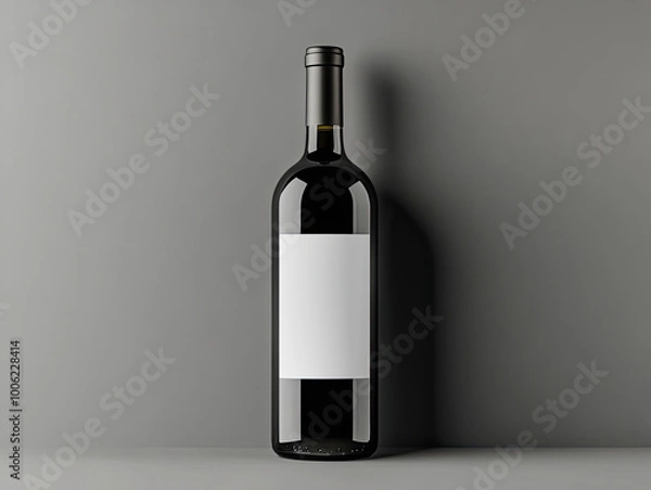 Fototapeta  Red wine bottle with a blank white label mockup on a grey background. Created with Ai