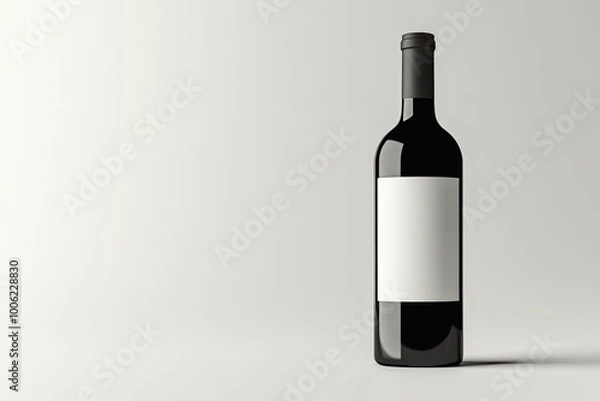 Fototapeta Black bottle of red wine with a white label mockup on a light gray background. Created with Ai
