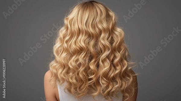 Fototapeta Curly blond hair closeup, no face. Back view of beautiful blond woman with long wavy hair.