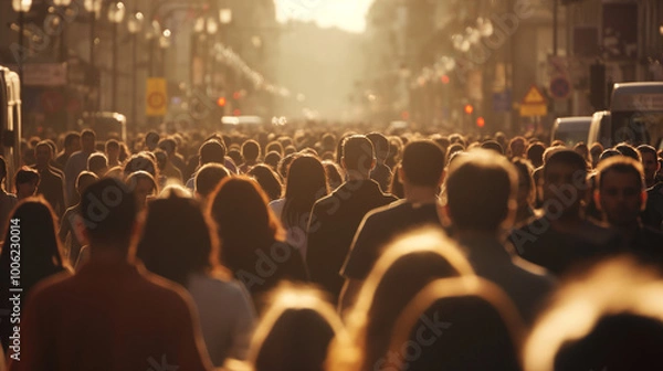 Obraz Crowded urban street scene with diverse faces representing various age groups and ethnicities, symbolizing demographic diversity and multiculturalism, with ample copy space for text or design elements