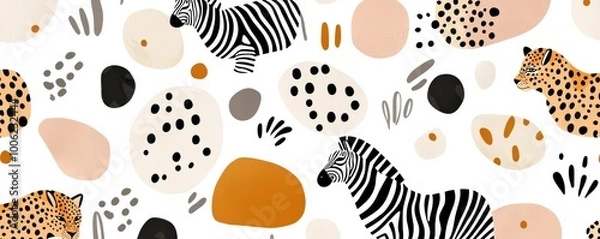Fototapeta A repeating wildlife motif with safari animals and tribal symbols, combining bold zebra stripes and leopard spots in an earthy color palette.
