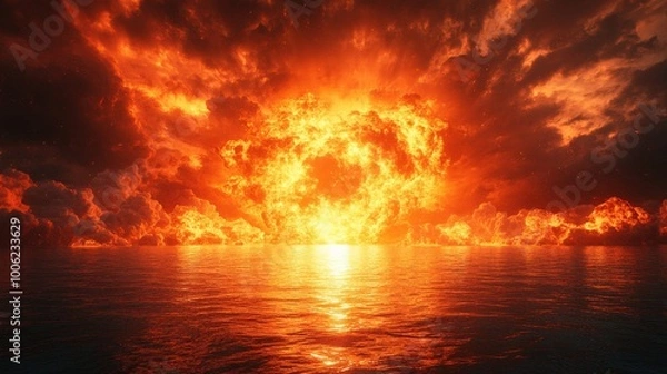 Fototapeta Nuclear Explosion over the Ocean with Mushroom Cloud Rising