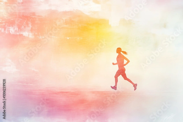 Fototapeta Female Runner Silhouette in Abstract Pastel Gradient Background with Copy Space
