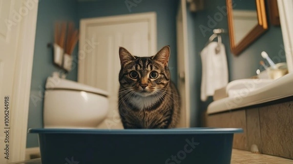 Fototapeta A chubby cat exploring a litter box, with a playful expression and a clean, organized bathroom behind it.