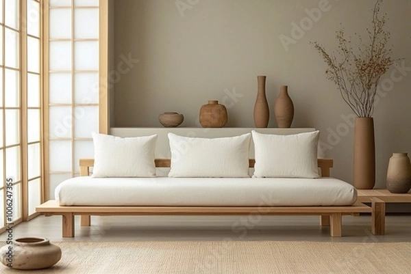 Fototapeta A Scandinavian interior photo of a modern living room with a white cushioned sofa in a wood frame and wood table and Scandinavian interior accessories. Generative AI
