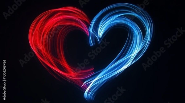 Fototapeta Red and blue light trails forming a heart shape on black background
