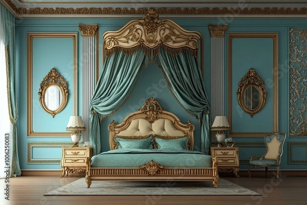 Fototapeta classic royal bedroom with cyan elegant traditional royal wooden bed with canopy royal beds and elegant intricate carving frame and vintage mirror 