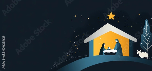 Fototapeta Stylized illustration of the nativity scene with Mary, Joseph, and baby Jesus in their manger inside an open house shape, isolated on a dark background.