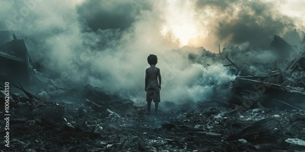 Fototapeta A Child Standing Alone in War-Torn Ruins Surrounded by Destruction