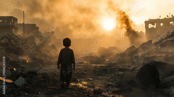 Fototapeta A Child Standing Alone in War-Torn Ruins Surrounded by Destruction