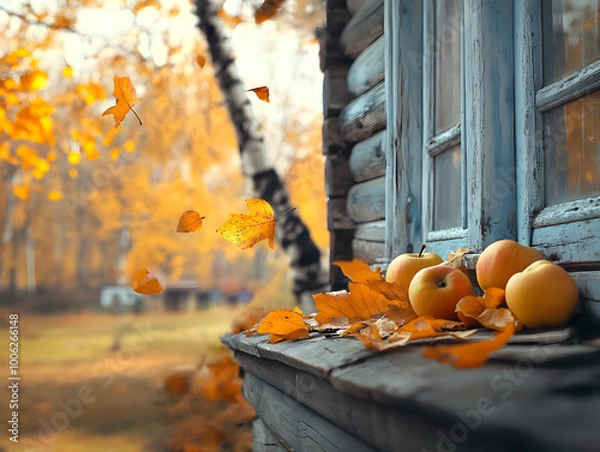 Fototapeta Close-Up of Rustic Window Sill with Fallen Leaves and Apples in Autumn