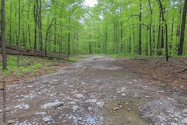 Fototapeta A Forest Path Leading Through a Green Canopy to a Rocky Creek Bed