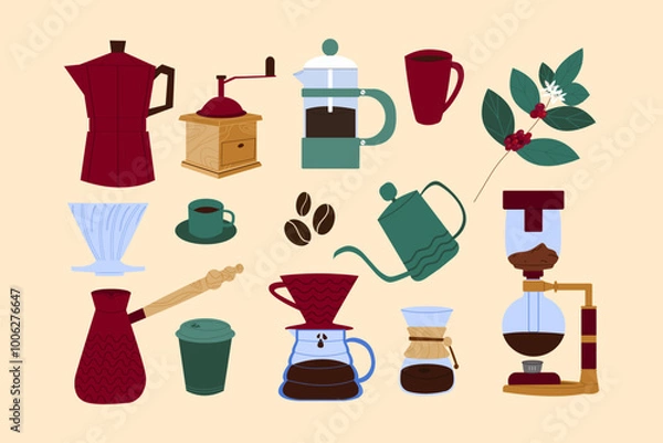 Fototapeta Different ways of making coffee. Alternative coffee brewing. Vector  elements isolated on background.