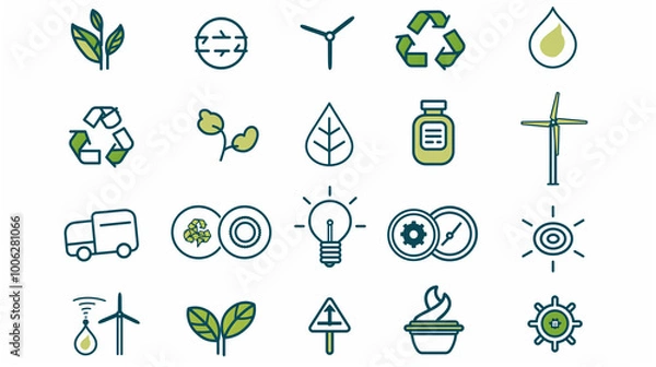 Fototapeta vector icons for an eco friendly company, black line art on a white background, thin lines and simple shapes, monochromatic color scheme with shades of gray