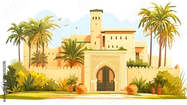 Fototapeta Moroccan architecture. Old architecture in spanish style. Watercolor illustration of a mediterranean building with palms and tower.