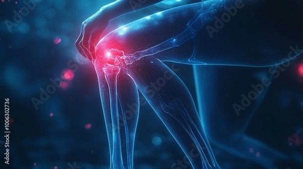 Obraz medical x-ray scan of knee anatomy showing broken tendon and arthritis pain in leg joint with red inflammation area