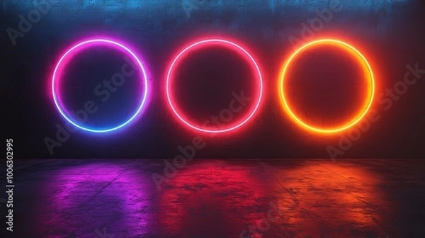 Fototapeta Neon circles on dark wall, colorful glowing lights. Modern digital art concept