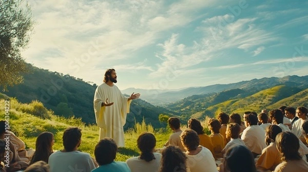 Obraz Jesus stands on a hill with his disciples. He is pointing to something in front of him while speaking