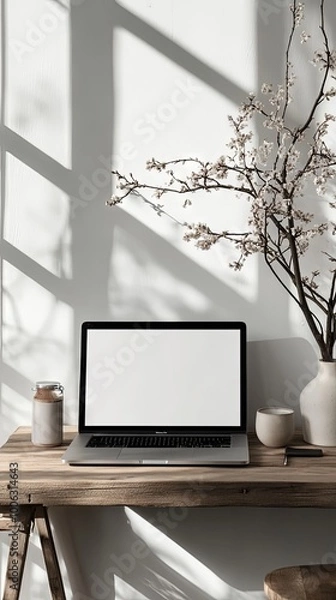 Obraz Laptop with blank screen on table against white wall. Mockup