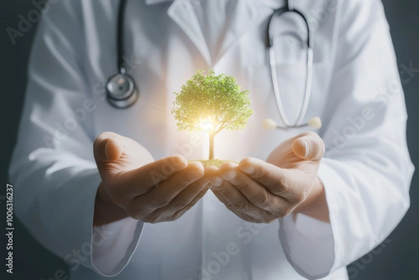 Obraz A doctor holds a glowing tree symbolizing health and sustainability, representing the intersection of medicine and nature.