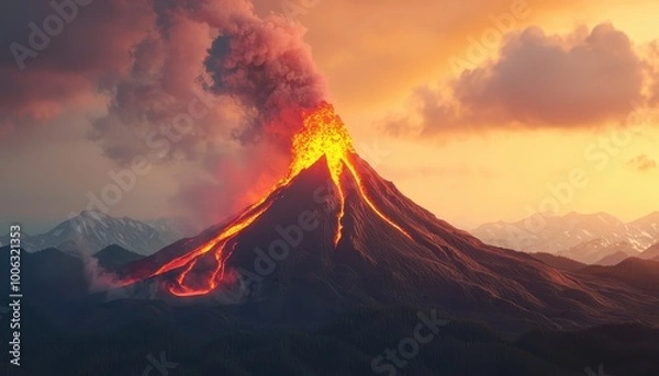 Fototapeta Volcanic eruption with lava flowing down mountainside, ash clouds rising, 3D illustration