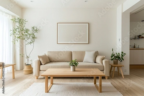 Fototapeta An interior photograph of a modern living room based on a Scandinavian interior. Generative AI
