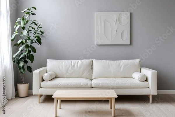 Fototapeta An interiors of a modern residential living room with art frames and sofas and tables based on Scandinavian interiors. Generative AI
