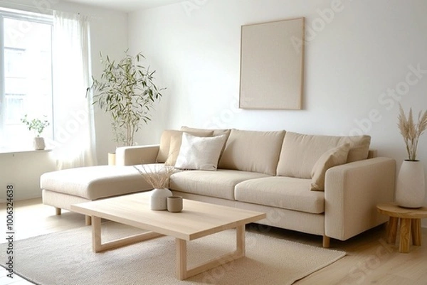Fototapeta Minimalist, A contemporary Scandinavian interior in a living room with a wall hanging with art frames and a snug sofa and wooden table. Generative AI