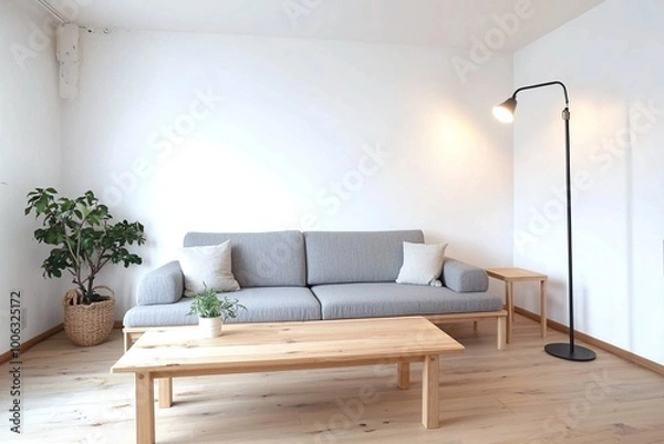 Fototapeta Minimalist, Modern living room interiors with light gray sofas based on Scandinavian interiors. Generative AI