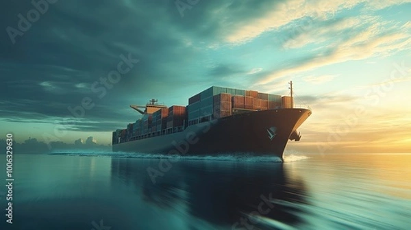 Fototapeta Cargo ship in transit, transporting freight containers for worldwide export-import purposes. International shipping focus without logos.