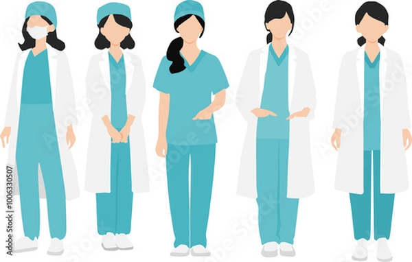 Fototapeta 手術着を着た医者(女医)のイラストセット