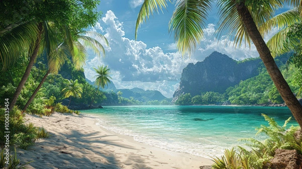 Fototapeta A serene tropical island cove features hidden beach surrounded by lush greenery and palm trees. crystal clear turquoise water reflects vibrant blue sky, creating tranquil paradise