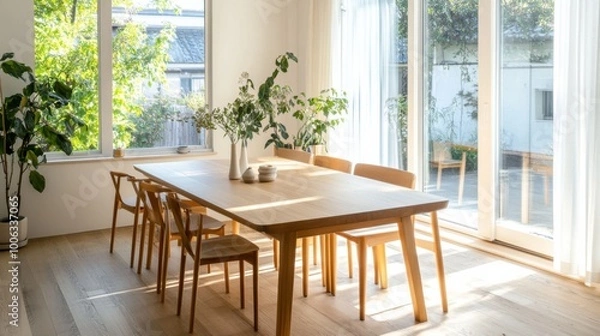Obraz An elegant dining room with a long wooden table and luxurious armchairs, beautifully illuminated by a spectacular chandelier. Neutral tones of beige, soft gray and warm brown create an elegant and coz