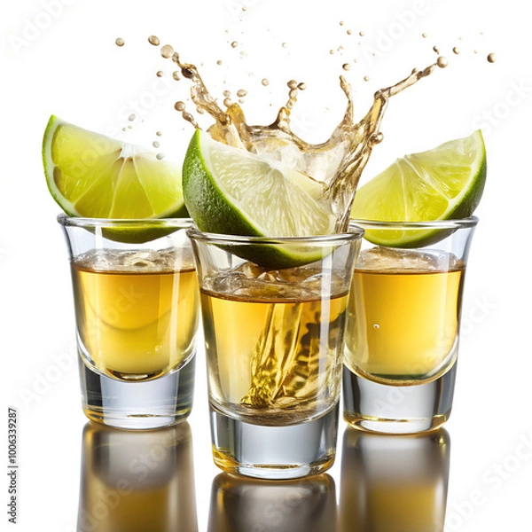 Fototapeta Three tequila shots with lime wedges, a splash of liquid, and a reflection on a white background. Perfect for websites, blogs, and social media.