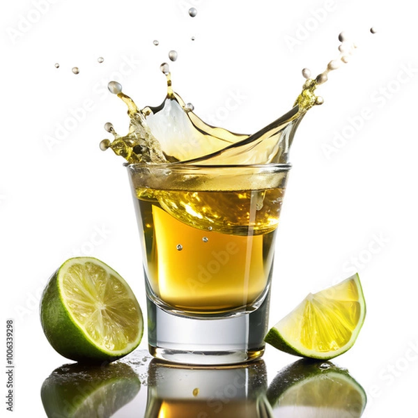 Fototapeta Tequila shots with lime wedges, a splash of liquid, and a reflection on a white background are perfect for websites, blogs, and social media.