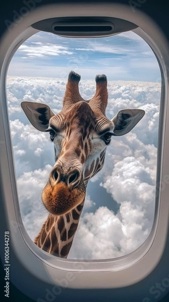 Obraz Giraffe looking through airplane window, creative concept