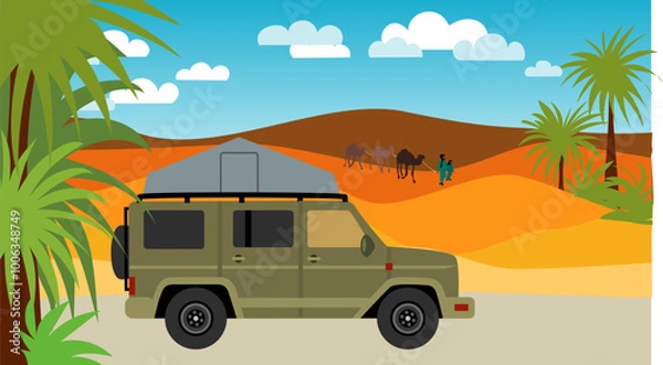 Fototapeta Illustration of an off-road vehicle driving in a desert with a roof tent. A caravan and palm trees can be seen in the background.
